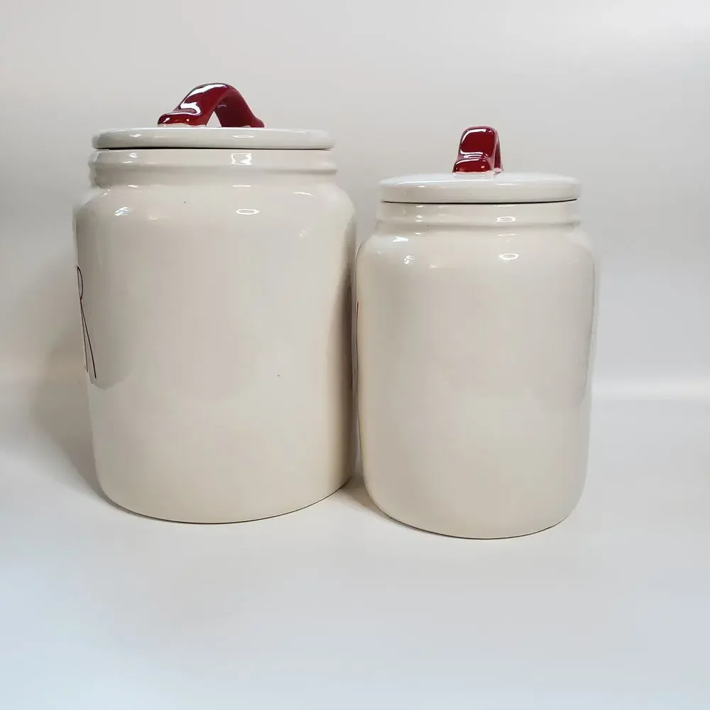 Rae Dunn NWOT Set of 2 Joy & Cheer Food Storage Kitchen Canisters Red & White